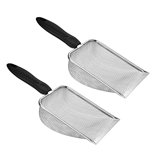 2pcs Cat Litter Scoop, Portable Reptile Sand Scooper, Stainless Steel Fine Mesh Scoop Shove-l for Litte-r Box, Sand Bedding, Easy to Clean and Durable(Color:Silver)