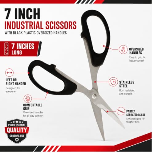 KUTZ 7" (17.8 cm) Industrial Scissors | Black Plastic Oversized Handles | Super Sharp Stainless Steel Blades | Versatile and Professional - size: 7"