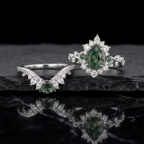 Natural Moss Agate Engagement Ring Set for Women, Unique Genuine Moss Agate Ring, 925 Sterling Silver 10K 14K 18K Solid Gold Nature Inspired Bridal Set, Boho Wedding Jewelry Gift - color: Nine