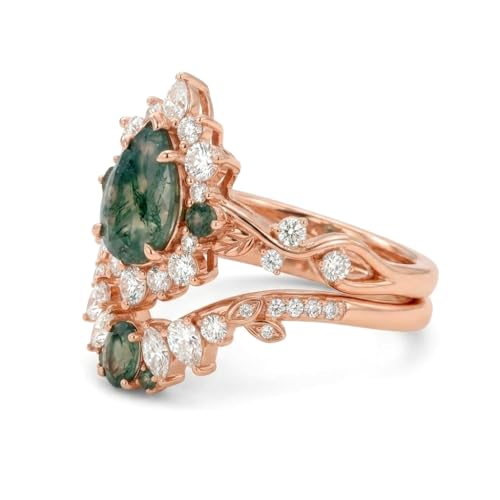 Natural Moss Agate Engagement Ring Set for Women, Unique Genuine Moss Agate Ring, 925 Sterling Silver 10K 14K 18K Solid Gold Nature Inspired Bridal Set, Boho Wedding Jewelry Gift - color: Nine