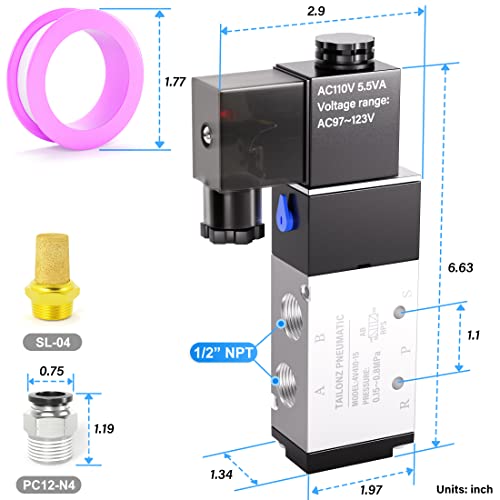 TAILONZ PNEUMATIC 1/2"NPT Solenoid Valve 4V410-15 AC110V Single Coil Pilot-Operated Electric 2 Position 5 Way Connection Type Junction Box - size: 1/2"NPT/AC110V/Junction Box, style: 2 Position 5 Way