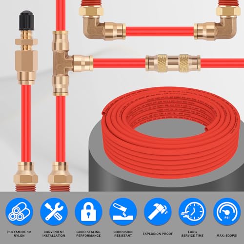 CheeMuii 100 FT 1/4" DOT Air Line with 34 Pcs Brass DOT Air Line Fittings Kit 30.5 Meter 1/4 Red Air Lines Service Kit with Push Lock Air Fitting Air Coupler & Plug Kit - color: red & gold, size: 1/4"100ft-37pcs