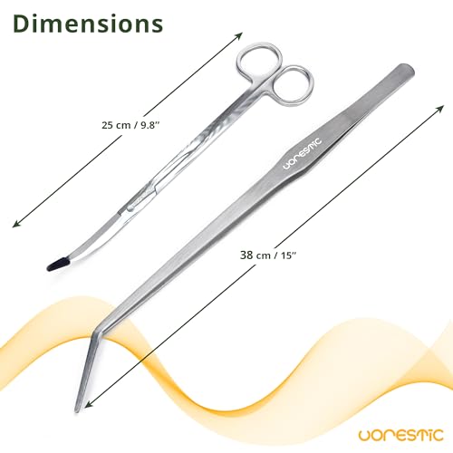 VORESTIC 2PCS 15" Curved Aquarium Tweezers Long and 9.8" Aquarium Scissors, Feeding Tongs and Scissors with Protective Cap, Stainless Steel Aquascaping Tools for Plant Trimming and Reptile Feeding