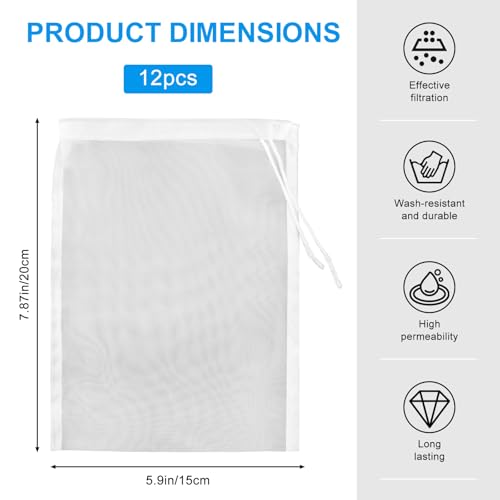12 Pieces Aquarium Filter Media Bag with Drawstring, 200 Micron Aquarium Mesh Bag, Reusable High Flow Fish Tank Filter Pouch for Bio Balls Impurities Filtration (5.9" x 7.8") (12)