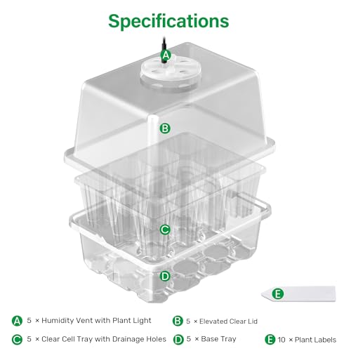 Bonviee 5 Packs Seed Starter Tray with Grow Light, Elevated Seedling Starter Trays Kits with Adjustable Humidity Domes and Clear Cell Tray, 12 Full Spectrum led lamp Beads for Plants Indoor-Clear - color: Clear, size: 5 Packs, with light