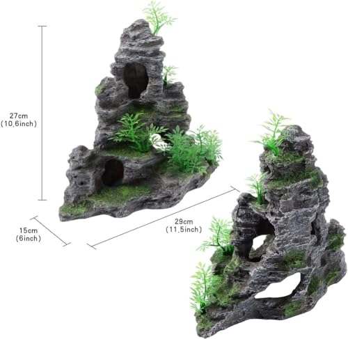 Saim Aquarium Mountain View Stone Ornament, Artificial Mountain Hill View Stone Rock Cave Aquarium Decorations Fish Tank Decor for Betta Cichlids Hideaway Cave, Hermit Crab Hideout - Large - size: 11.5x6x10.6inch-L