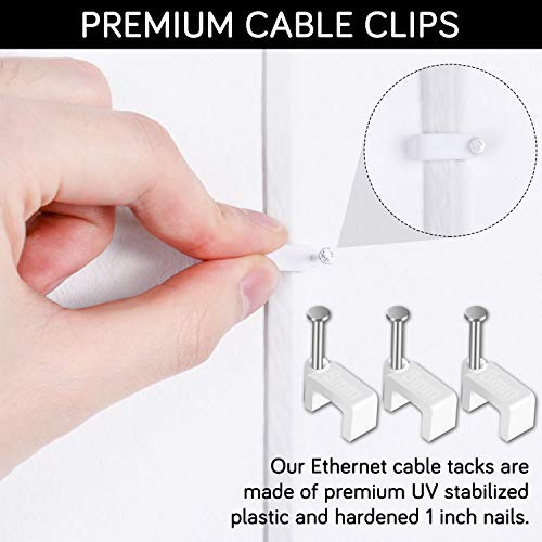 Cable Clips - CableGeeker 100 Pieces Ethernet Cable Clips with Nails 8mm Cord Holder for Cat6 Cat7 Flat Ethernet Cable (White) - style: Nail in Flat Cable Clips 100Pcs