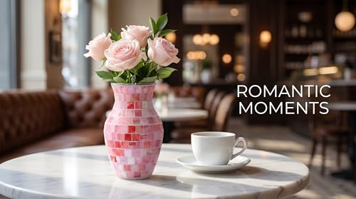 8" Pink Agate Mosaic Vase, Handmade Textured Glass Flower Vase, Romantic Rose Glass Centerpiece for Bedroom, Bathroom, Coastal Home Decor & Valentine's Day Gift - color: Pink Agate