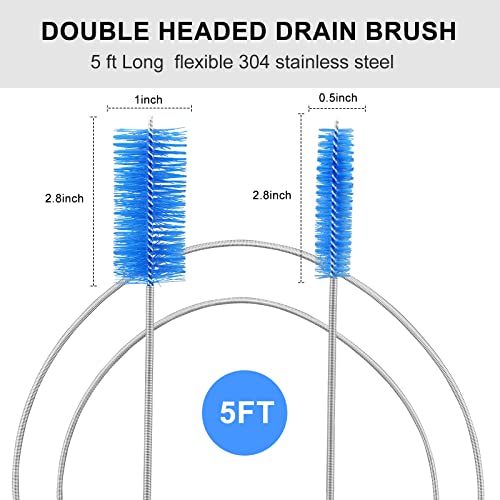 Flexible Drain Brush Cleaner Kit – CPAP Hose Cleaner 5ft Long Elastic Double Head Nylon Cleaning Brush + 3pcs 10” Straw Brushes for Aquarium Water Filter Pipe Air Tube Fish Tank Tub Sinks Glass Vase