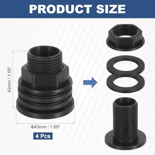 uxcell 4Pcs Bulkhead Fittings, 3/4" GHT x 1/2" Female Plastic Bulkhead Water Tank Connector for Garden Hose Adapter Water Tank Aquariums Pools, Black