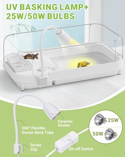 Moonorange Large Turtle Tank Kit (Tank+Lamp+Filter), Acrylic Turtle Tank Starter Kit with Heightened and Curved Fences, Bottom Drainage, Multi-Function Areas - color: White (Large Kit)
