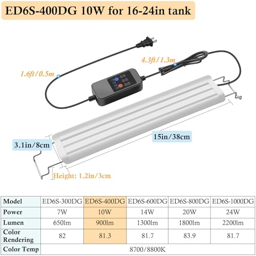 16-24in Plant Growth Aquarium LED Light with Timer, Full Spectrum Auto 24/7 Lighting Cycle& 10-Level Brightness Adjustment, Fish Tank Light with Extendable Brackets