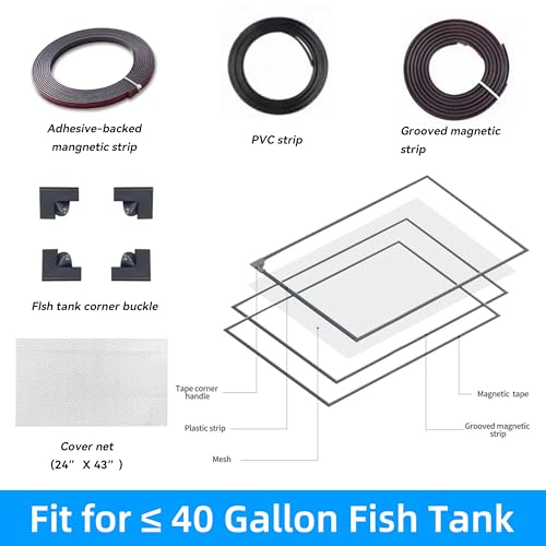 Fish Tank Lid Magnetic Aquarium Lid DIY Size Fish Tank Cover Anti-Jumping Net Soft and Strong Mesh Protect Fish Jumping Out Easy Installation Washable (Gray, 24''x43'' Fit for ≤40 Gallon) - size: 24''x43'' Fit for ≤40 gallon
