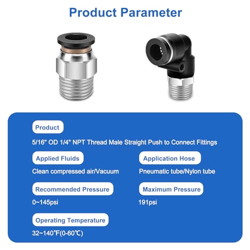 12 Pcs Push to Connect Fittings 5/16 Inch Tube OD x 1/4 Inch NPT Thread Pneumatic Male Straight and Elbow Quick Connect Air line fittings - size: 5/16"OD x 1/4"NPT