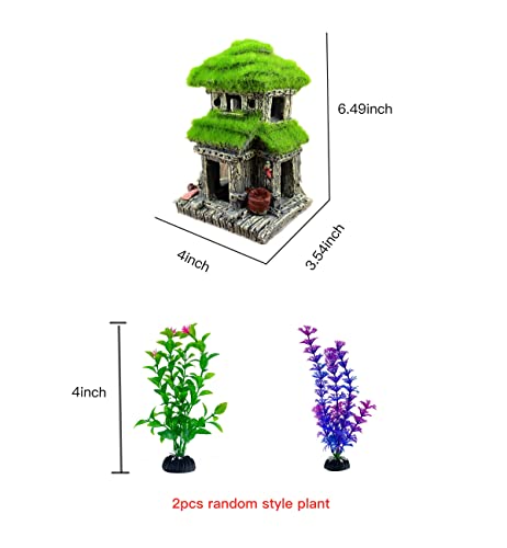 Fish House - Aquarium Decoration with Lifelike Moss, Comes with 2x Artificial Plants