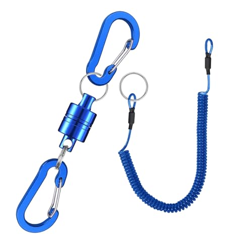 Magnetic Net Release Fly Fishing Net Retractor Magnetic Keychain, for Fly Fishing with Retractable Coiled Lanyard Carabiner - color: Blue Aluminum