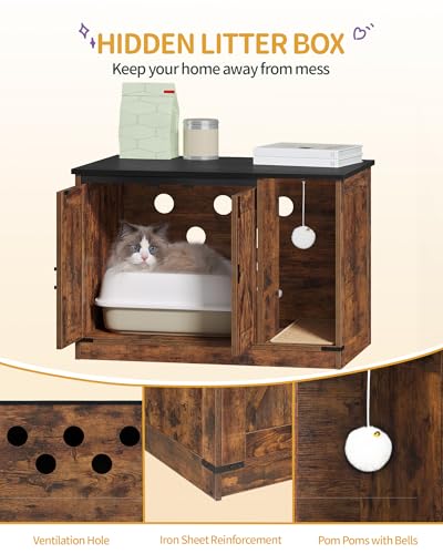 Hzuaneri Cat Litter Box Enclosure, Hidden Litter Box Cabinet Furniture with Bell, Indoor Cats House, Farmhouse Style, 31.5 x 19.7 x 20.9Inches, for Hallway, Bedroom, Rustic Brown and Black CB82401X - color: Rustic Brown and Black, size: 31.5"L x 19.7"W x