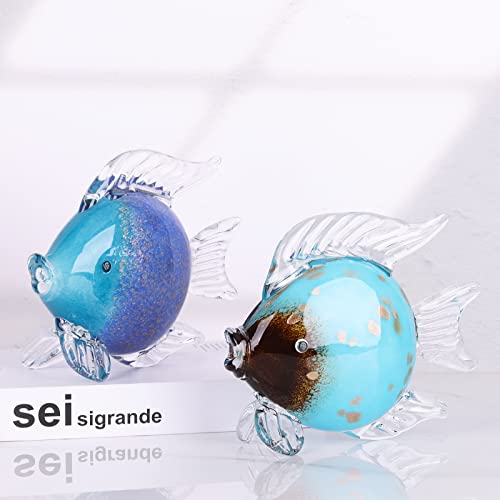 Large Glass Fish Figurines Hand Blown Glass Fish Statue and Sculpture Home Decor, Murano Animal Tropical Sea Glass Paperweights for Desk, Glass Aquarium Coastal Beach Decorative (Light Blue)