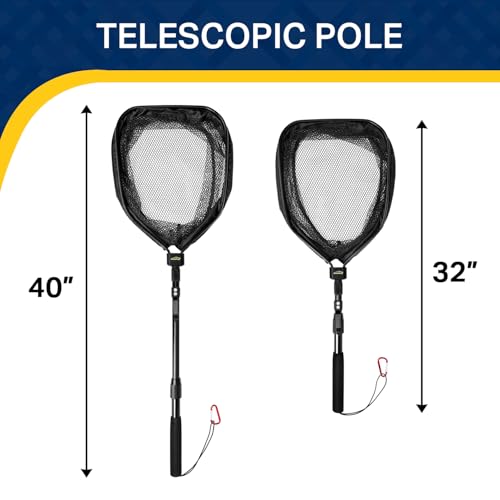 Rubber Coated Foldable Floating Fishing Net for Steelhead, Salmon, Catfish, Bass, Fly, Kayak, Easy Catch & Release with Telescopic Pole and Spring Shackle