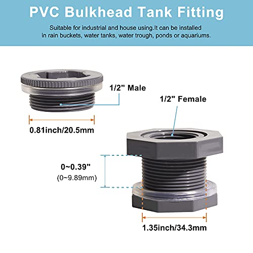 Ququyi 1/2 Inch PVC Bulkhead Water Tank Connector Adapter Fitting with Plugs Thru-Bulk Pipe Fitting for Rain Barrels, Aquariums, Ponds(Set of 1) - size: 1/2"-1pcs