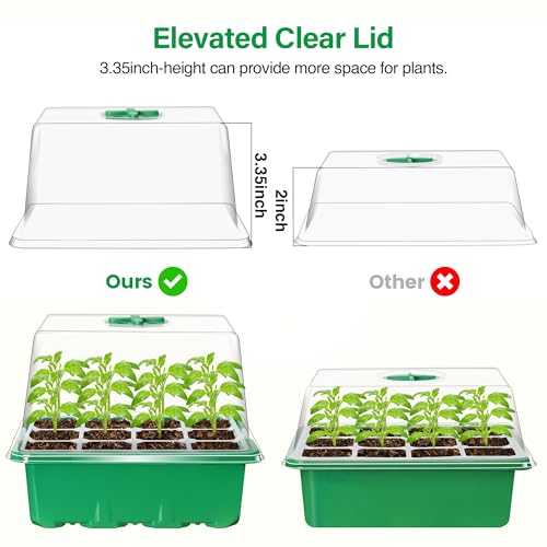 Bonviee 5 Packs Seed Starter Tray with Plant Light, Elevated Seedling Starter Trays Kits with Adjustable Humidity Domes and Clear Cell Tray, 12 Full Spectrum led lamp Beads for Plants Indoor-Green - color: Green, size: 5 Packs, with light