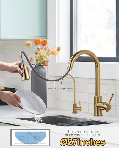 Kitchen Faucet and Water Filter Faucet Combo, WOWOW Stainless Steel Kitchen Sink Faucet with Drinking Water Faucet for Reverse Osmosis or Water Filtration System, Brushed Gold - color: Gold, style: Kitchen Faucet & Filter Faucet