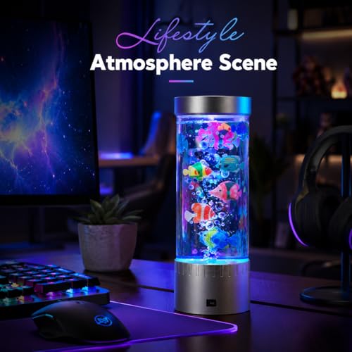 Jellyfish Lamp with RGB Color Changing LED Lights, Bubble Fish Tank Lamp with Swimming Artificial Fish, Sensory Night Light for Bedroom, Gaming Room & Desk Decor, Relaxing Gift for Kids & Adults