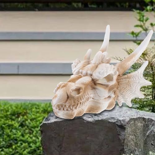 Yardwe Dinosaur Skull Statue 8.66In Resin Dragon Skull Aquarium Decor Desktop Courtyard Ornament Fish Tank Reptile Accessory