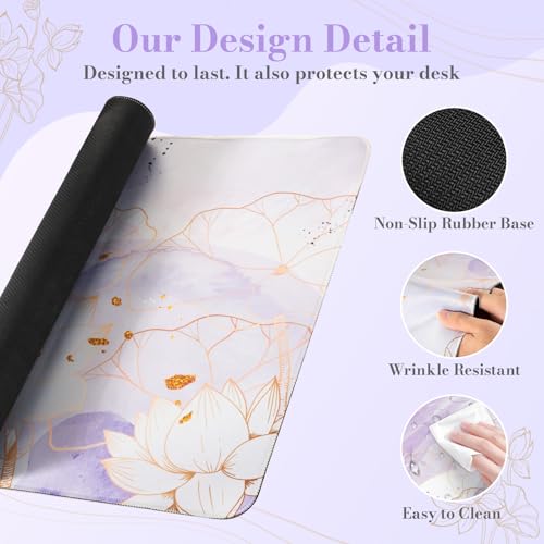 iCasso Desk Cover Mat, Extra Large Lotus Mouse Pad, Desk Pad Mat,Office Matt for Desktop Protector, Anti-Slip XXL Big Mousepad with Stitched Edges for Laptop Computer Keyboard(Purple Lotus Leaf) - color: Purple Lotus Leaf