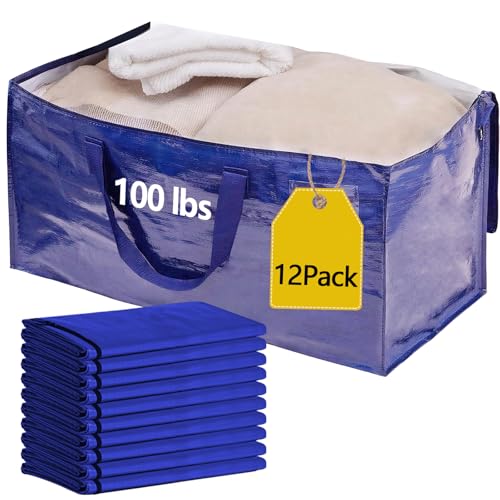 12 Pack Waterproof Moving Bags with Strong Zippers and Reinforced Handles, Real 100lb Capacity Extra Heavy Duty Large Storage Totes for Packing & Moving Storing, Alternative to Moving Boxes -95L, Blue - color: Blue, size: 12 Pack
