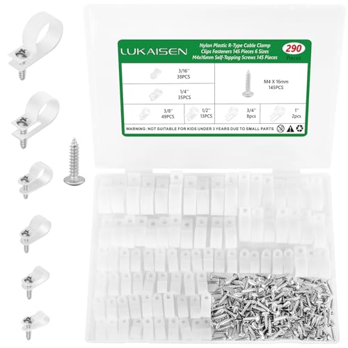 Cable Clips for Cable Management Cord Organizer, 6 Sizes 290 PCS Nylon R-Type, 3/16'' 1/4'' 3/8'' 1/2'' 3/4'' 1'' White Plastic Screw Mounting Cord Fastener Clamp Assortment Kit with M4 Screws - color: 290PCS White