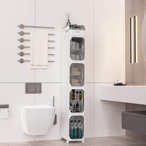 BINSIO 5-Tiers Slim Bathroom Organizers and Storage, Bathroom Counter Organizer, Toilet Paper Storage, Foldable Organizer Storage Cabinet, Portable Laundry Room Organization, Plastic White Clear Doors - size: 5 Tiers