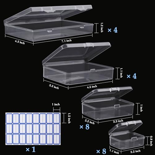 24 Pack Mixed Sizes Rectangular Mini Plastic Containers Clear Plastic Storage Boxes with Hinged Lids and Labels Empty Beads Organizers for Small Items Art Craft Jewelry Projects - size: 4 Size 24 Pcs