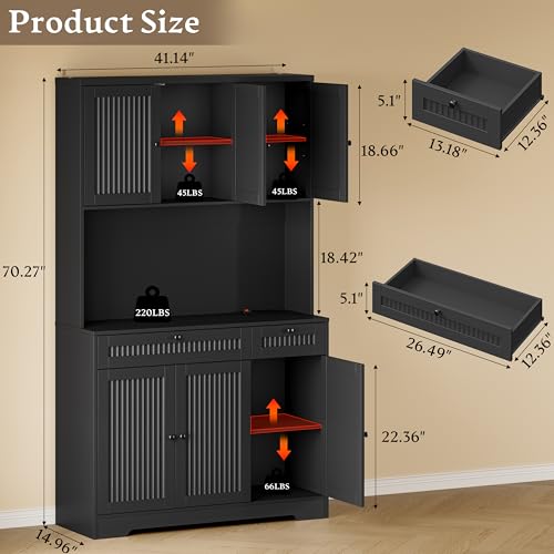 BORNOON Pantry Cabinet with Charging Station and Light, Tall Kitchen Pantry Storage Cabinet with Microwave Stand, Wide Fluted Kitchen Hutch with Storage Drawers and Adjustable Shelves for Dining Room - color: Black, size: 6-Door