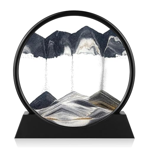 Moving Sand Art Picture - Round Glass 3D Deep Sea Sandscape - 3D Quicksand Painting Decor - Relaxing Home Decoration Desk Figurine for Office, Home, Desk, Mantle, Bookshelf - (Black, 7 in) - color: Black, size: 7in