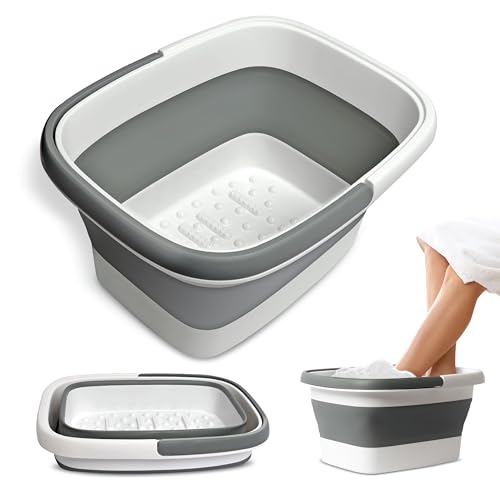Mantello Collapsible Foot Bath Foot Soaking Tub | Portable Foot Spa Pedicure Bowl | Large Basin to Soak & Wash Feet | Folding Bucket with Carry Handle | White & Grey, Blue, Green [White & Grey] - color: Collapsible Tub White-grey