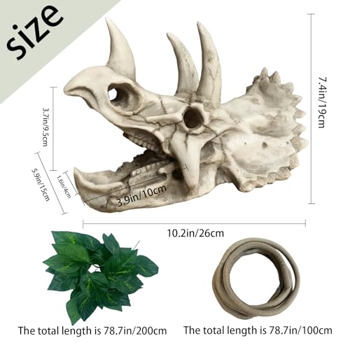 Bearded Dragon Resin Triceratops Skull Hide Decoration Reptiles Artificial Hideout Cave Landscape Tank Accessories Vines Leaves Hideaway Ornaments for Lizards Snake Gecko