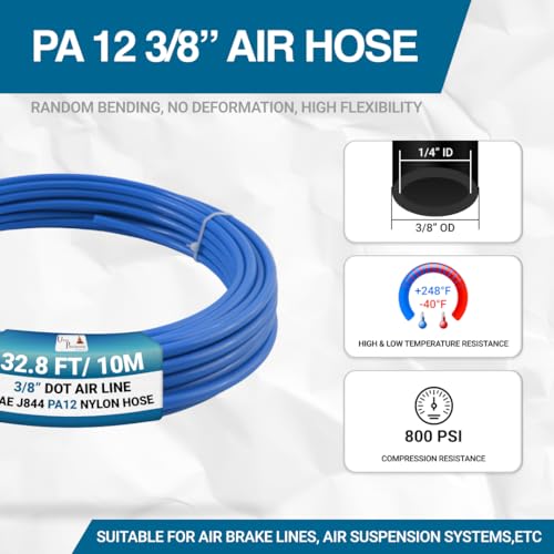 Utah Pneumatic 3/8" DOT Air Line SAE J844 PA12 Nylon Tubing for Air Suspension, Industrial Automation, Workshop Air Systems, Misting & Fluid Transfer, Blue - 10 Meters (32.8ft) - color: Blue, size: 3/8 inch DOT - 32.8 Feet