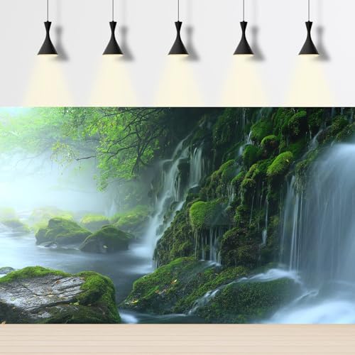 Cascading Waterfall Aquarium Background Majestic Tranquil Stream Mossy Rocks Fish Tank Background Scenic Foggy Misty Forest Scene Terrarium Backgrounds Natural Falls Reptile Tank Backgrounds 24x16in - color: Foggy Green, size: 24(W)x16(H)in