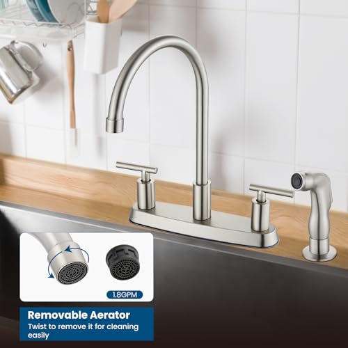 Kitchen Faucet, High Arc 360° Swivel Spout, 2-Handle 8 Inch Centerset Kitchen Sink Faucet with Side Sprayer, 3 or 4 Hole Kitchen Faucet for RV, Utility & Laundry Sink, Brushed Nickel - color: Brushed Nickel