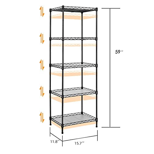 5-Tier Wire Shelving, 11.8x15.7x63in, Black - Heavy Duty Shelf - Kitchen Storage Shelves - size: 5-Black Shelf