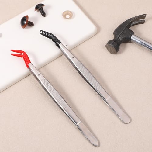 2 PCS Rubber Tipped Tweezers, Tweezers Curved Bent Tip Tweezer with Rubber Tips Long Bent Tweezer PVC Coated Long Rubbers Stainless SteelTweezer Metal Sticker Tweezerfor Craft Jewelry (Red, Black)