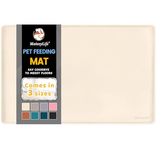 MateeyLife Silicone Cat & Dog Food Mat for Floors Waterproof, Anti-Slip Dog Bowl Mats for Food and Water, Pet Feeding Mats with Lip to Prevent Spills, Pet Placemat for Messy Drinkers to Protect Floors - color: Beige, size: 22''×14''