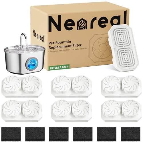 Neareal Cat Water Fountain Replacement Filters & Pre-Filter Sponges Compatible with 74oz/2.2L Stainless Steel Pet Fountain (6 Filters & 6 Sponges)