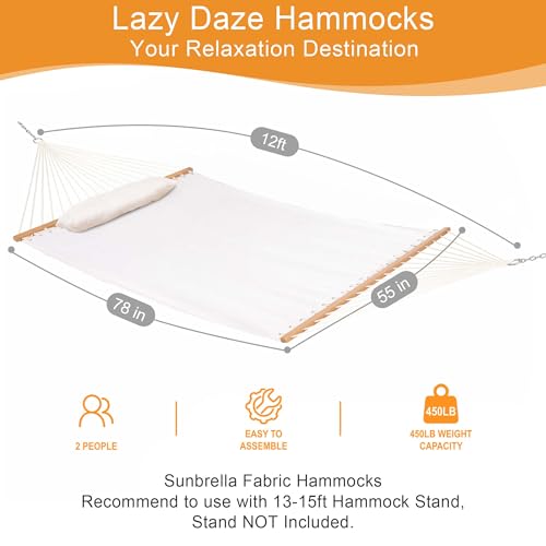 Lazy Daze Hammocks 12 FT Sunbrella Fabric Hammock Non-Fading with Spreader Bars and Free Pillow Fits for 2 Persons, All Weather and Fade Resistant for Patio Yard, 450 lbs Capacity, Cast Pumice - color: Cast Pumice