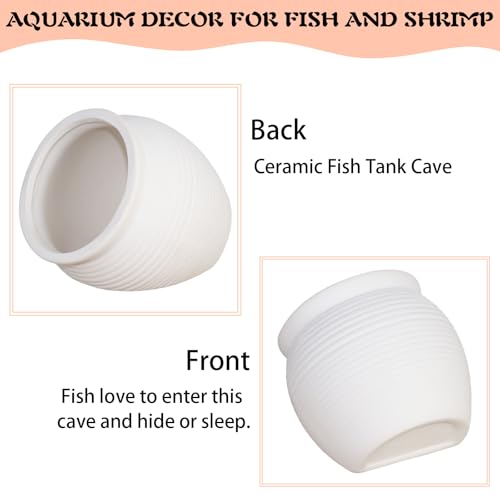 Ceramic Aquarium Decoration Jar – White Betta Fish Tank Ornament, Natural Hiding Cave with 7.8cm / 3.07inch Dia. Round Opening – Aquascape Décor for Fish, Shrimp, Reptiles use