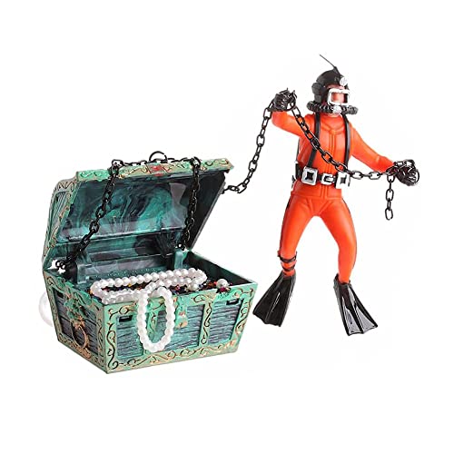 Live-Action Aquarium Ornament Creative Undersea Treasure Chest Diver Air Bubbler Aerating for Fish Tank Decorations Orange Color