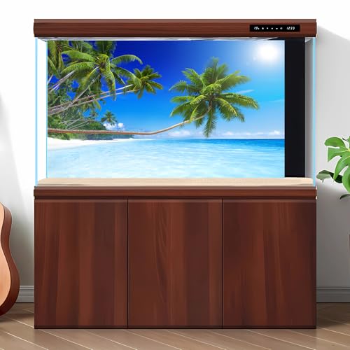 Tropical Paradise Beach Aquarium Background Ocean Island Seashore Fish Tank Background Beach Seascape Terrarium Backgrounds Sunray Blue Sky Seacoast Ocean Sea Waves Reptile Tank Backgrounds 24x12in - color: Green_Blue, size: 24(W)x12(H)inches/ 60(W)*30cm(