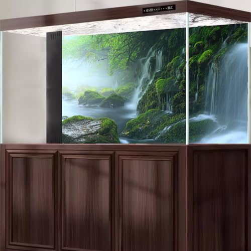 Cascading Waterfall Aquarium Background Majestic Tranquil Stream Mossy Rocks Fish Tank Background Scenic Foggy Misty Forest Scene Terrarium Backgrounds Natural Falls Reptile Tank Backgrounds 48x24in - color: Foggy Green, size: 48(W)x24(H)in