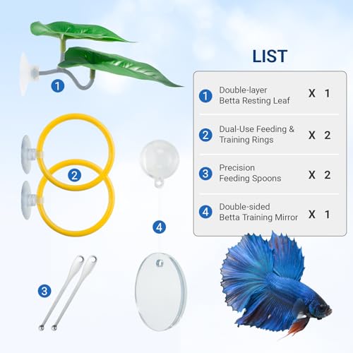 Betta Fish Toy Set: Betta Training Floating Mirror, Training/Feeding Ring, Spoon, and Resting Leaf. Promotes Exercise. Betta Toys, Resting & Feeding Kit. - color: Yellow